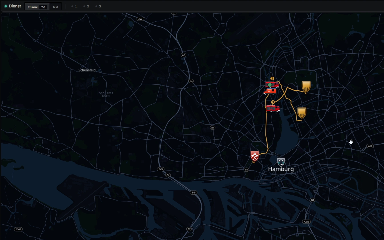 Die Karte im Vollbild über Hamburg: zwei Fahrzeuggruppen unterwegs, beide mit dem Status 3, eine gelbe Anfahrtstrecke, die am Einsatzort endet, und daneben zwei Wachen als Wappen.
